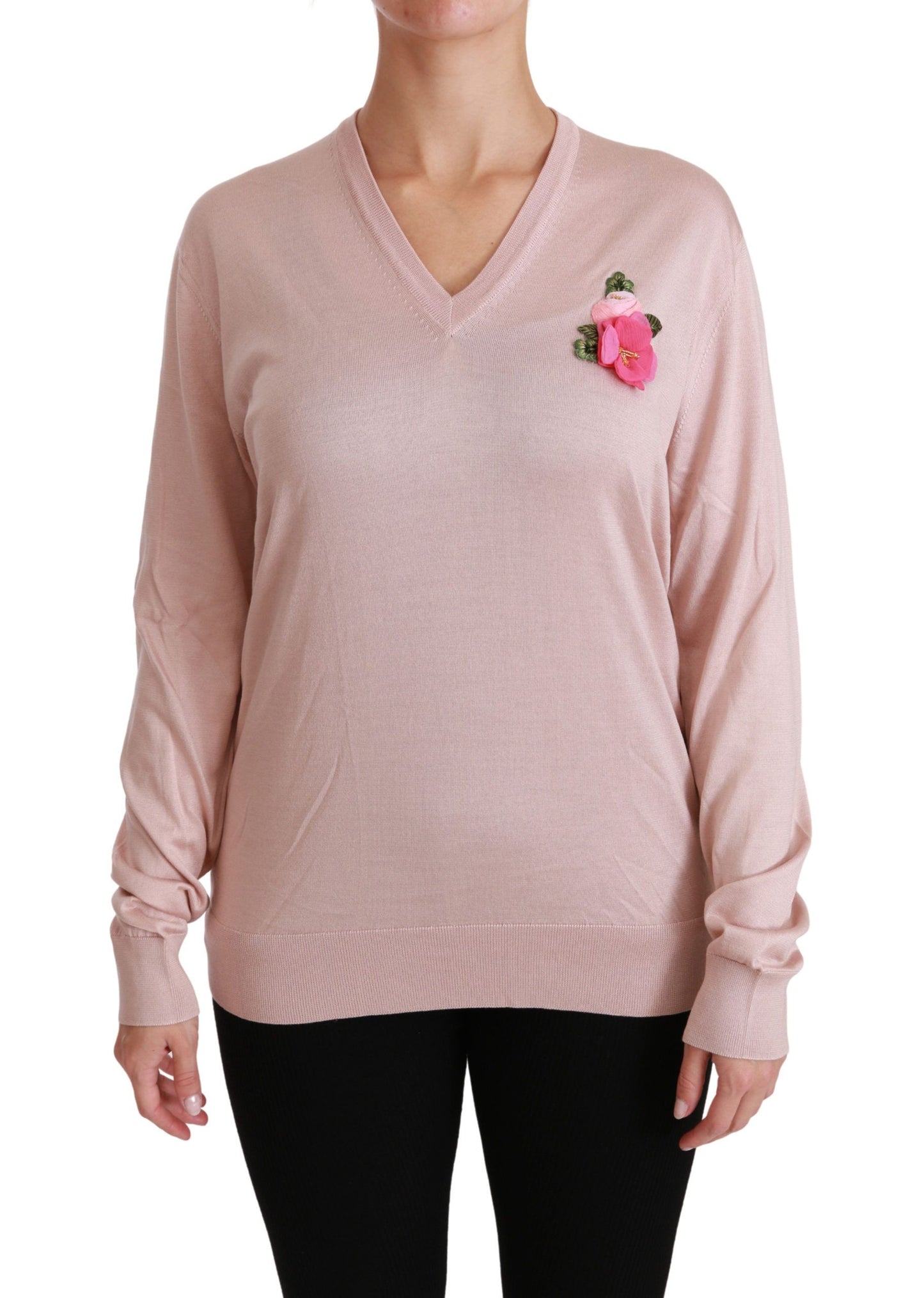 Pink Floral Silk V-Neck Sweater