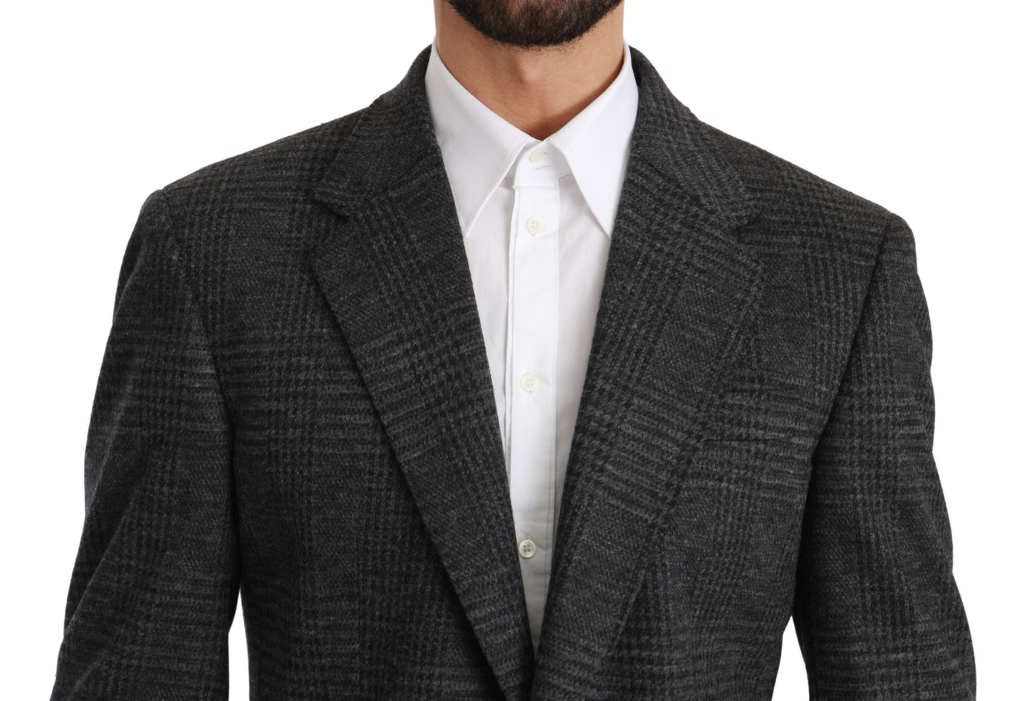 Elegant Gray Plaid Virgin Wool Blazer