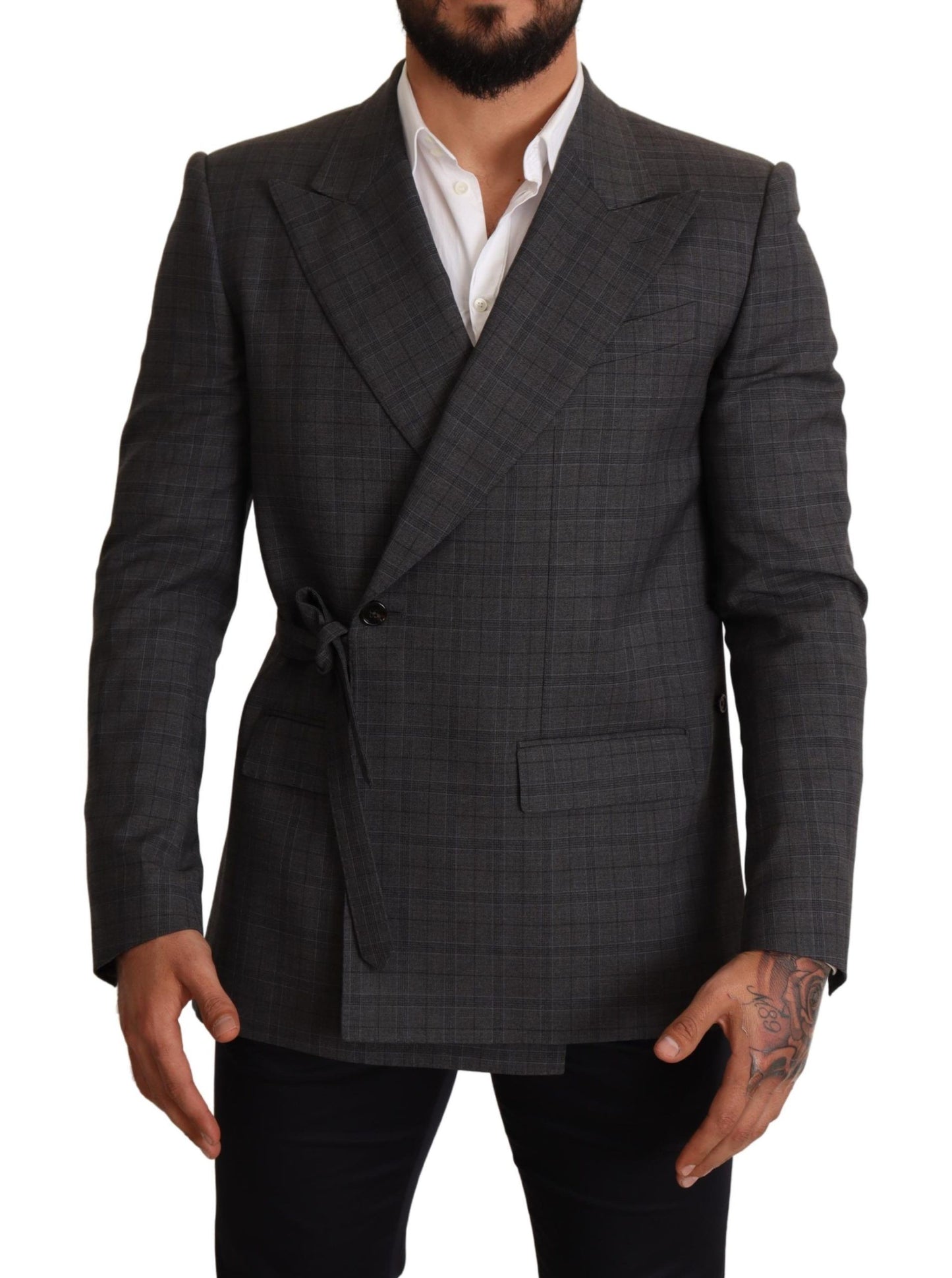 Chic Grey Check Martini Slim Fit Double-breasted Blazer