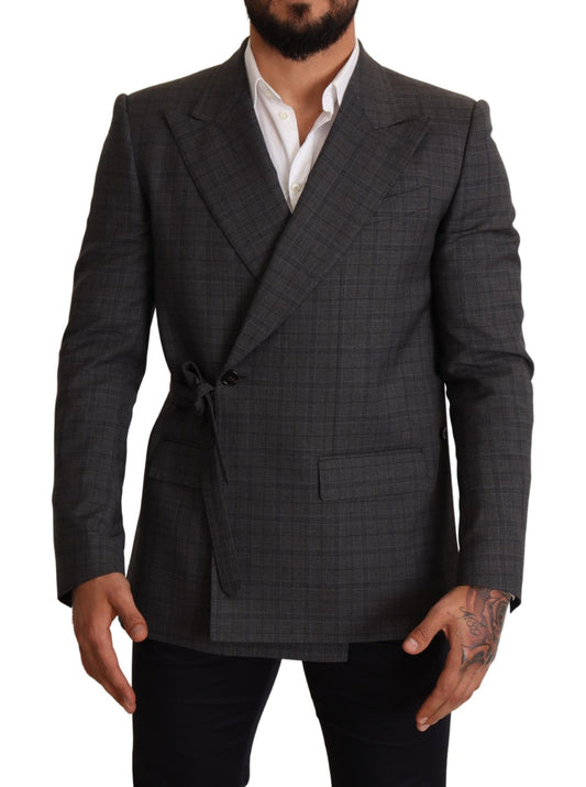 Chic Grey Check Martini Slim Fit Double-breasted Blazer