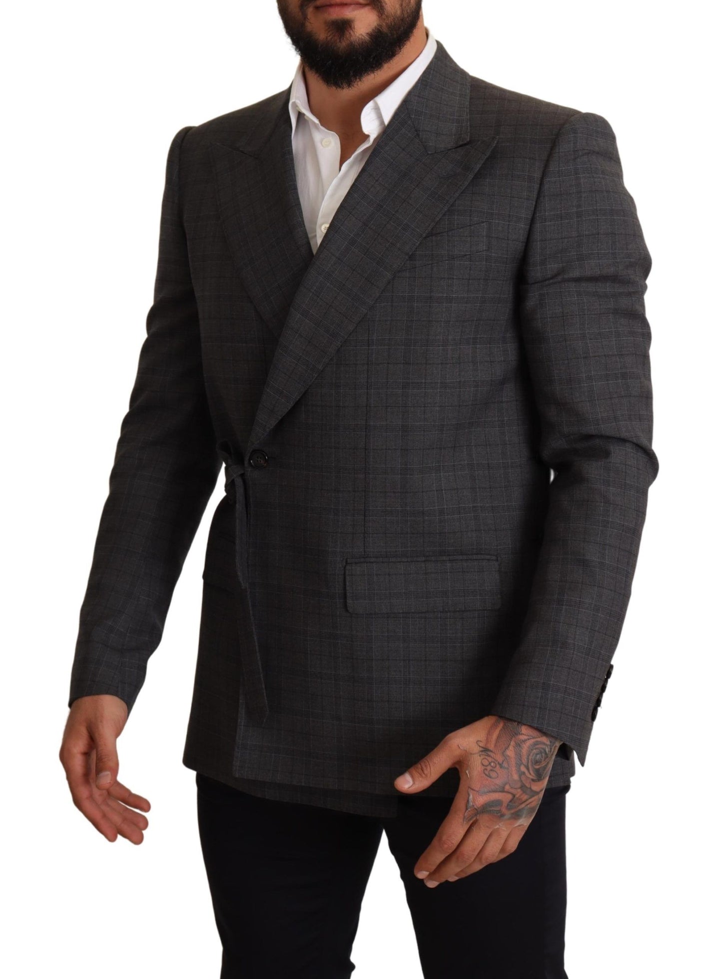 Chic Grey Check Martini Slim Fit Double-breasted Blazer