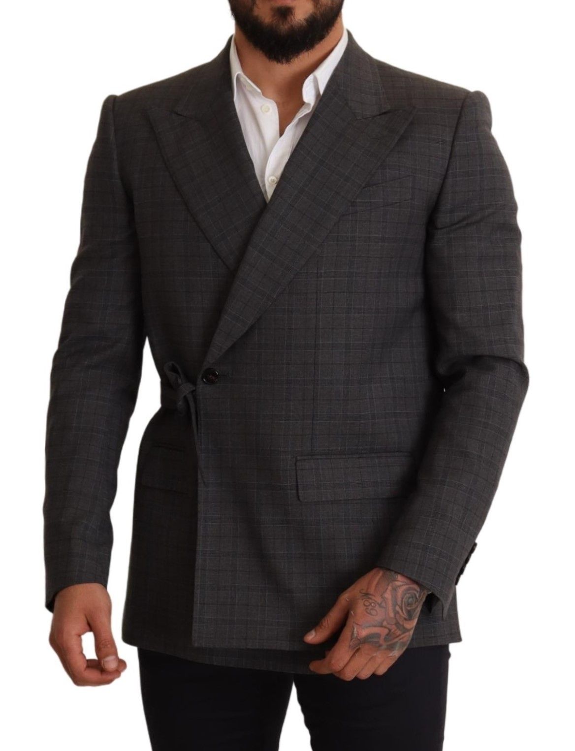 Chic Grey Check Martini Slim Fit Double-breasted Blazer