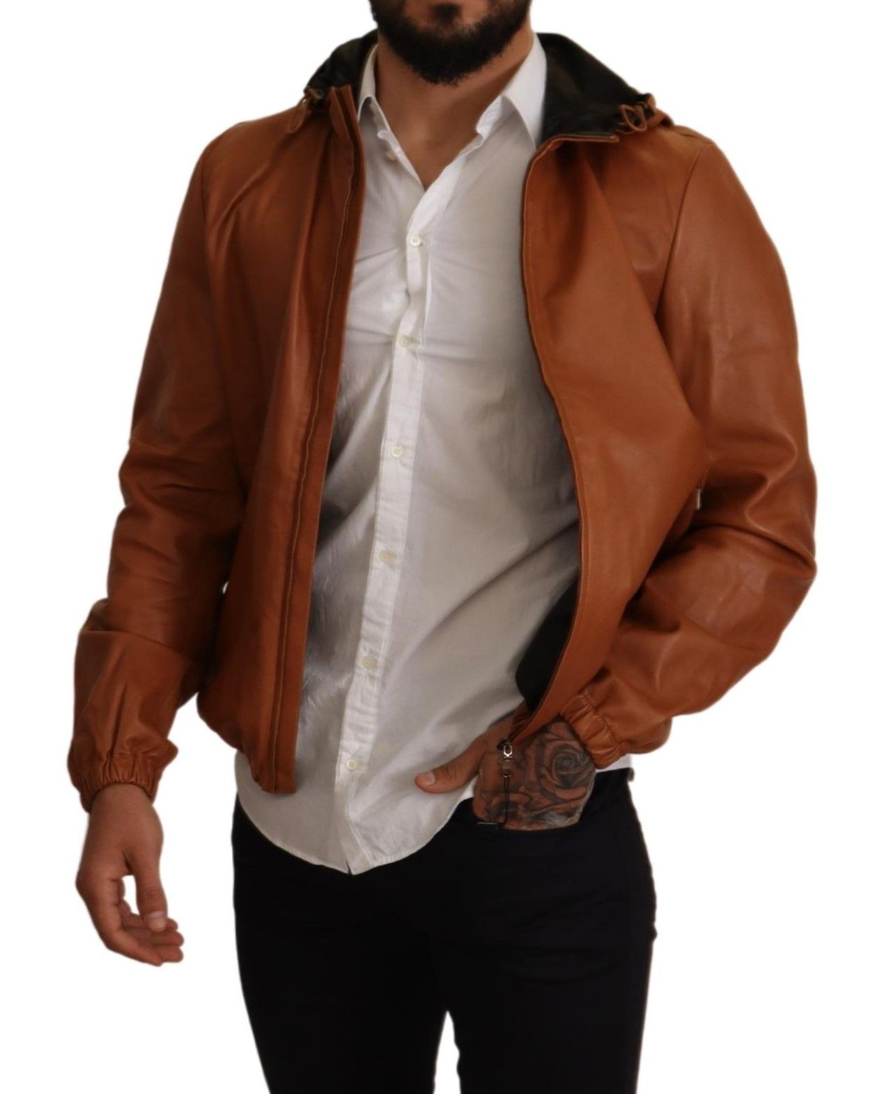 Κομψό Καφέ Δερμάτινο Bomber Jacket