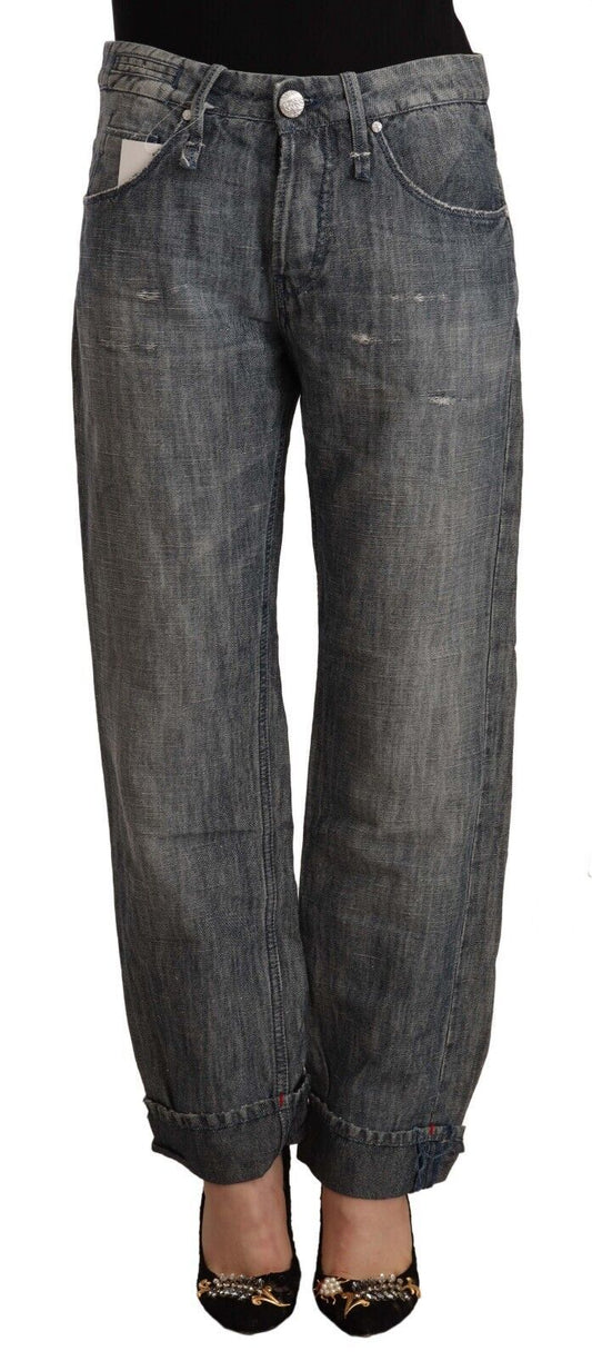 Chic Grey Straight Cut Ramie-Cotton Jeans