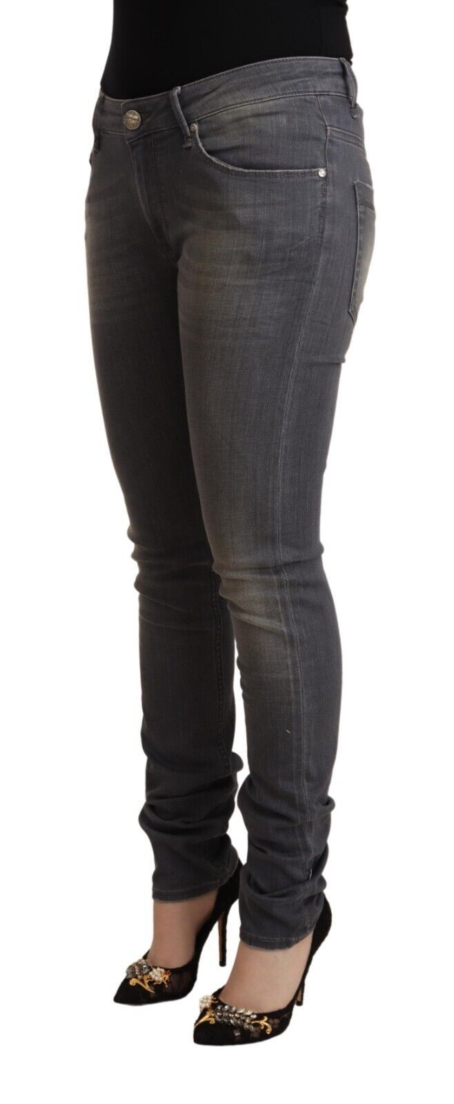 Elegant Dark Gray Skinny Jeans - Low Waist Zip Closure