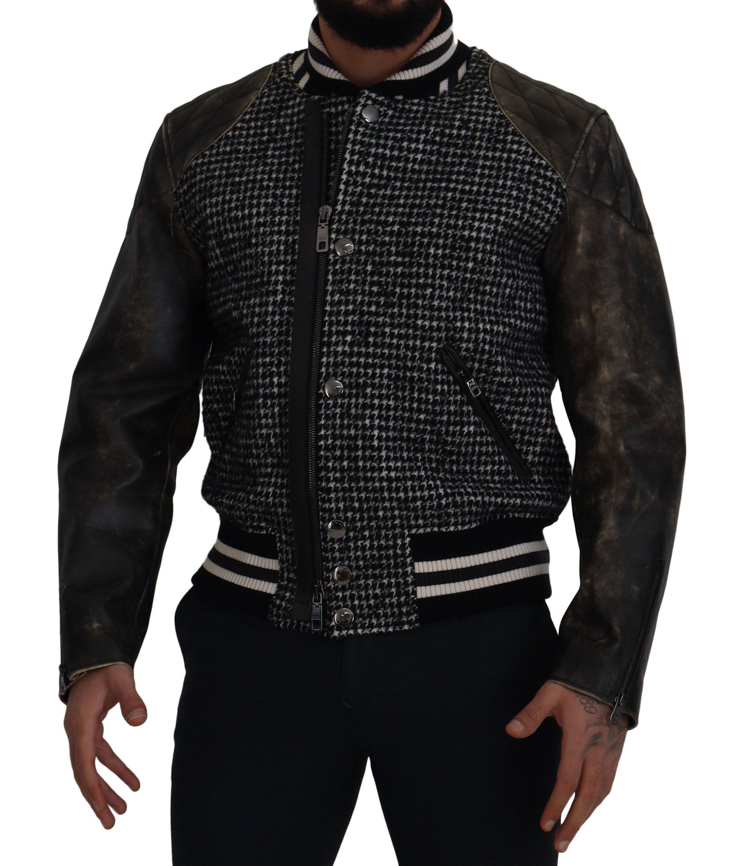 Multicolor Houndstooth Leather Bomber Jacket