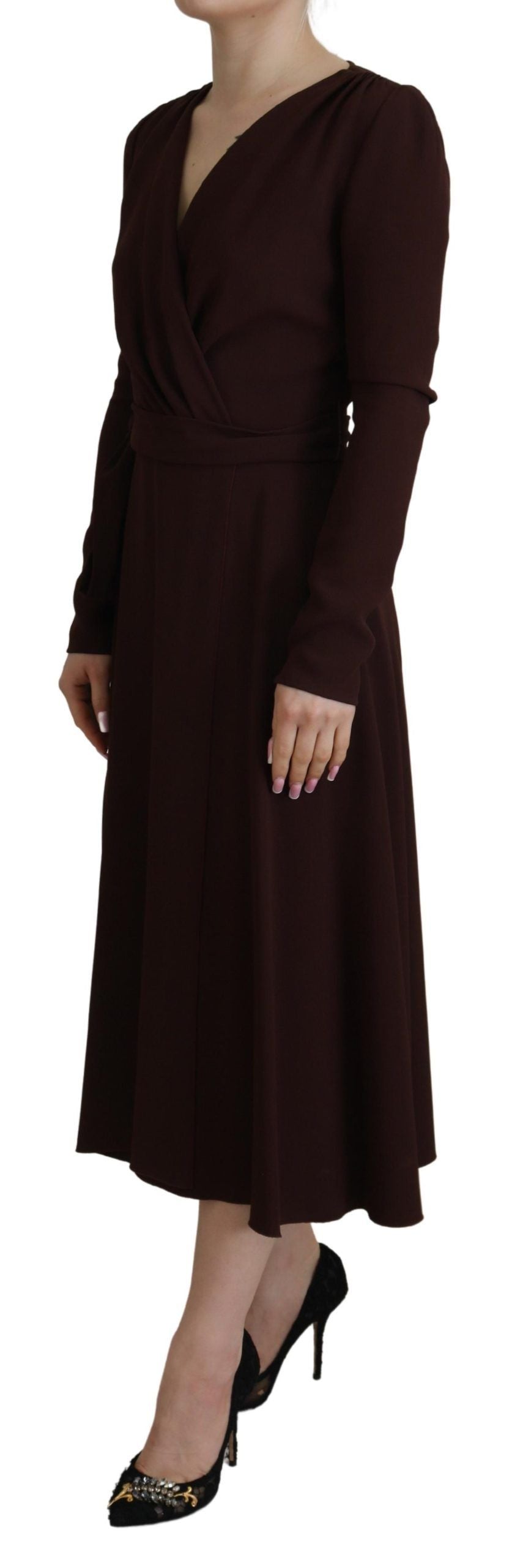 Elegant Brown Long Sleeve Wrap Dress