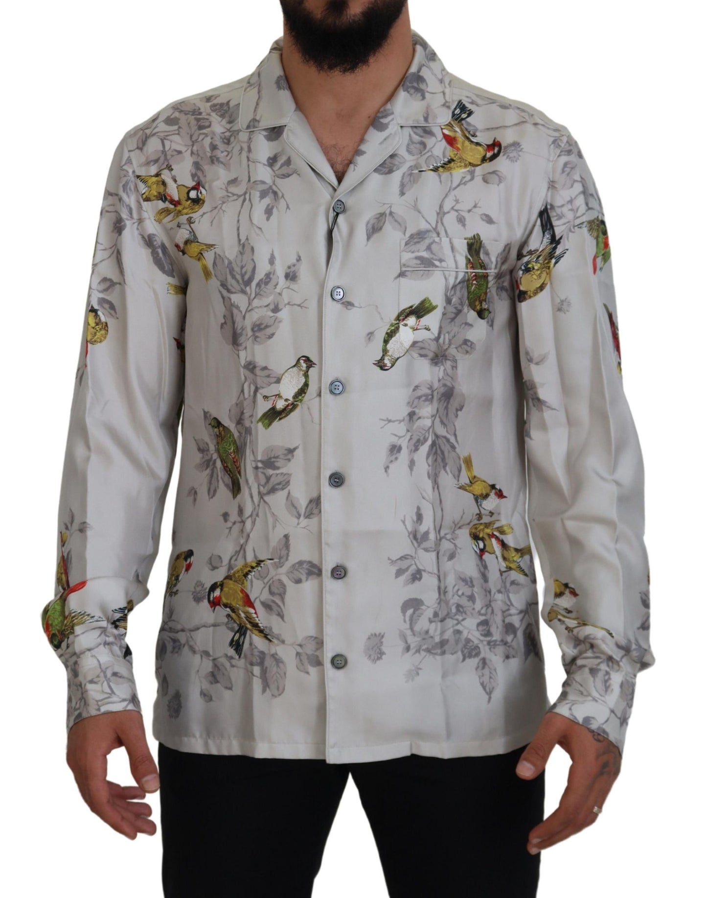 Κομψό Silk Bird Print Casual πουκάμισο