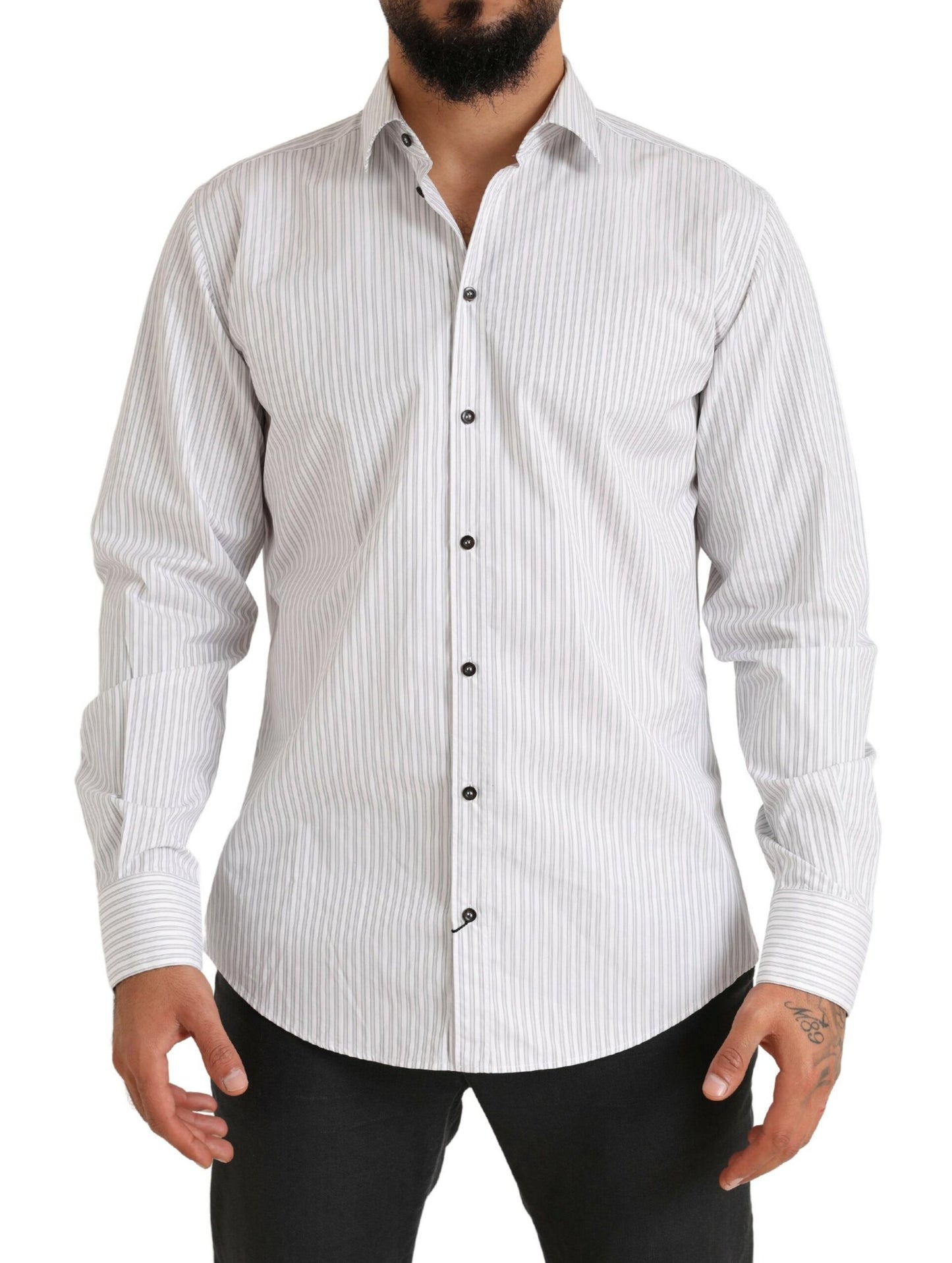 Elegant White Striped Cotton Dress Shirt