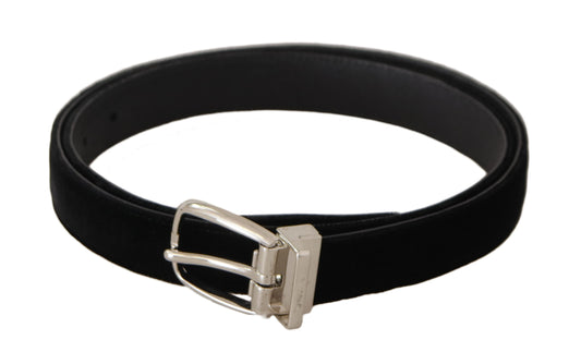 Elegant Velvet Black Belt with Logo Buckle