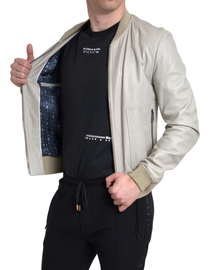 Cream Leather Bomber Jacket