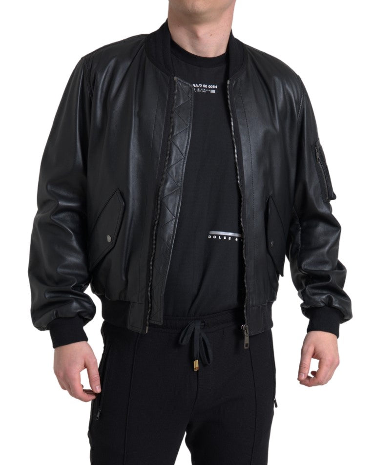 Κομψό μαύρο δερμάτινο Bomber Jacket