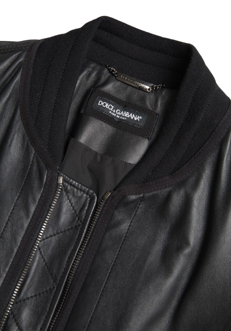 Κομψό μαύρο δερμάτινο Bomber Jacket