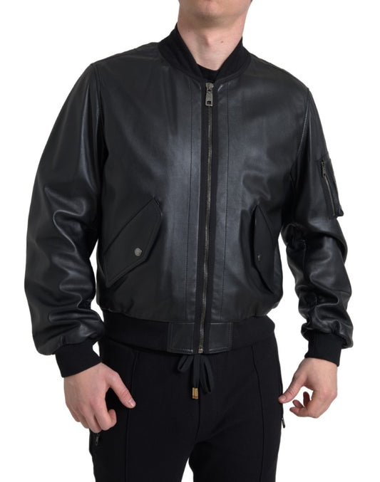 Κομψό μαύρο δερμάτινο Bomber Jacket