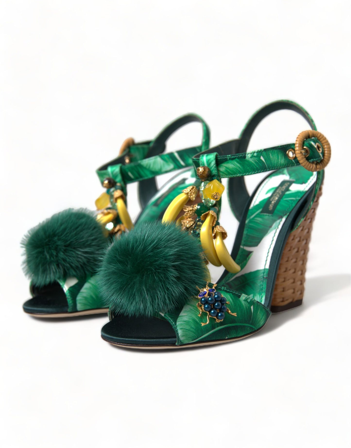 Green Crystal Mink Fur T-Strap Sandals