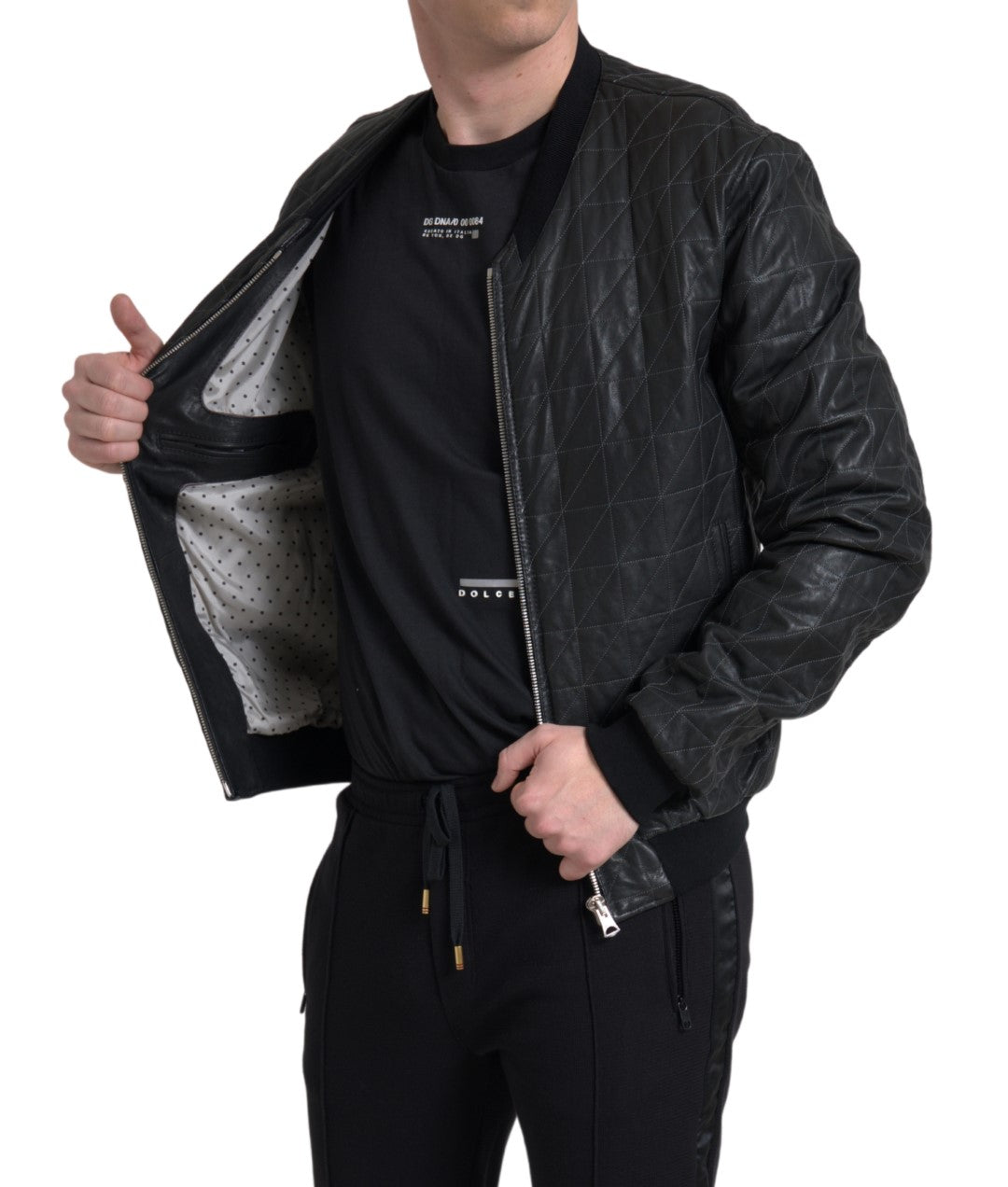 Κομψό μαύρο δερμάτινο Bomber Jacket