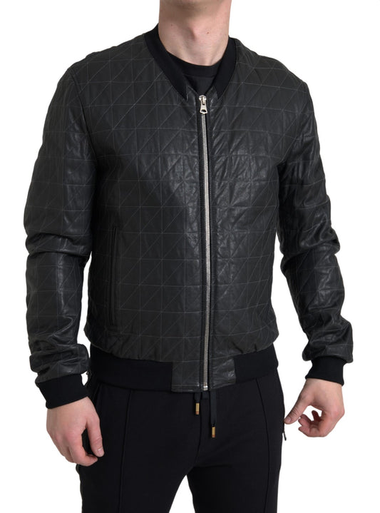 Κομψό μαύρο δερμάτινο Bomber Jacket