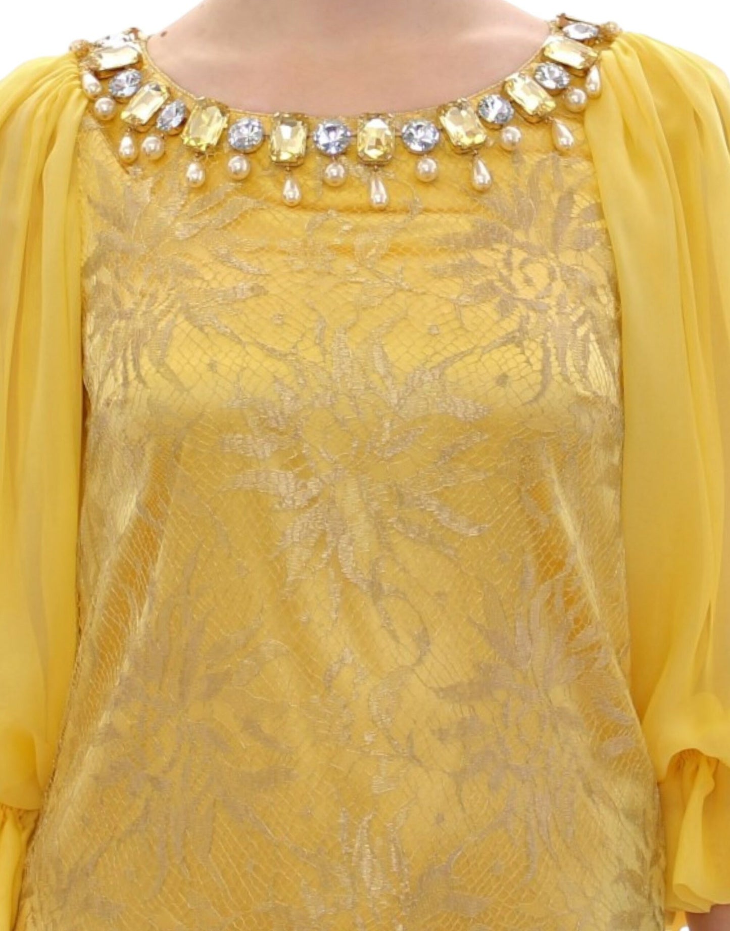 Yellow Lace Crystal Embellished Mini Dress