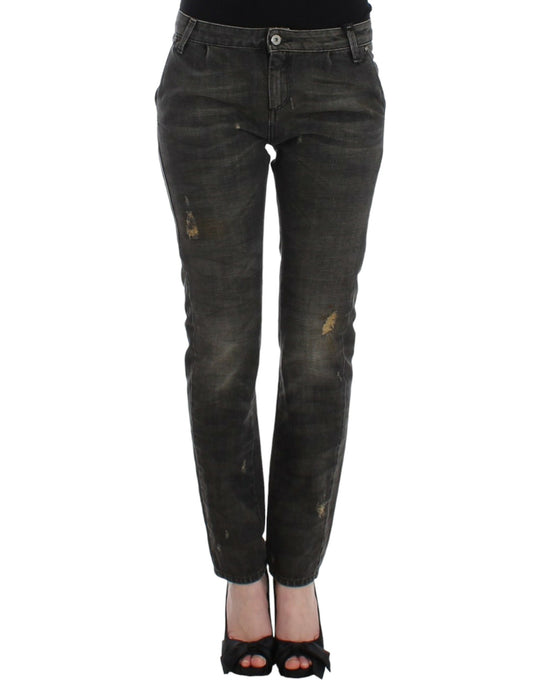 Sleek Grey Straight Leg Distressed Jeans