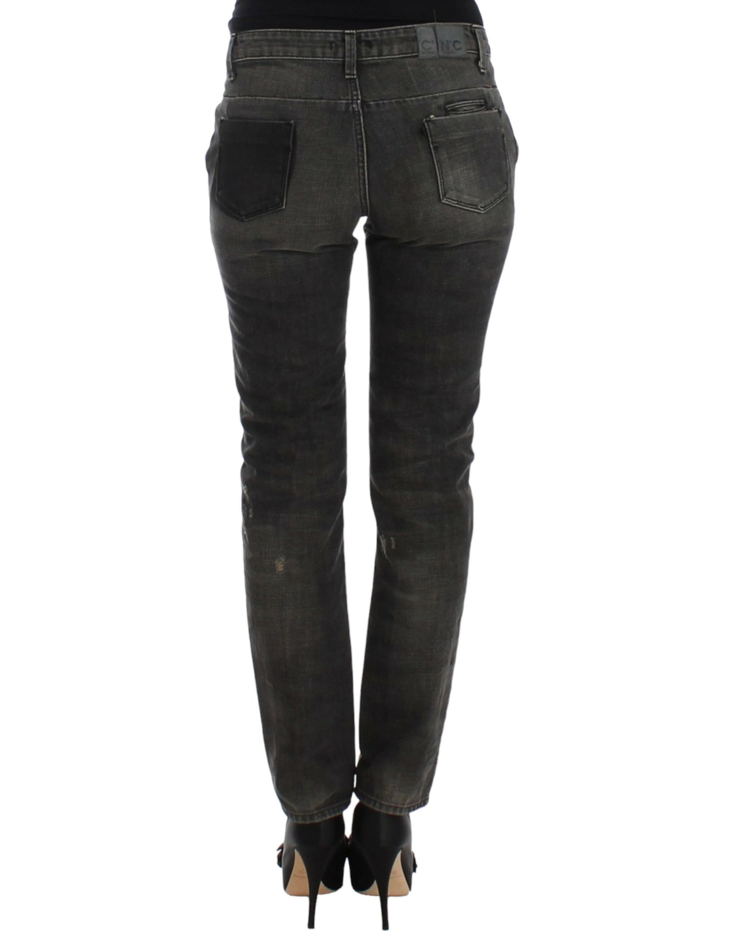 Sleek Grey Straight Leg Distressed Jeans