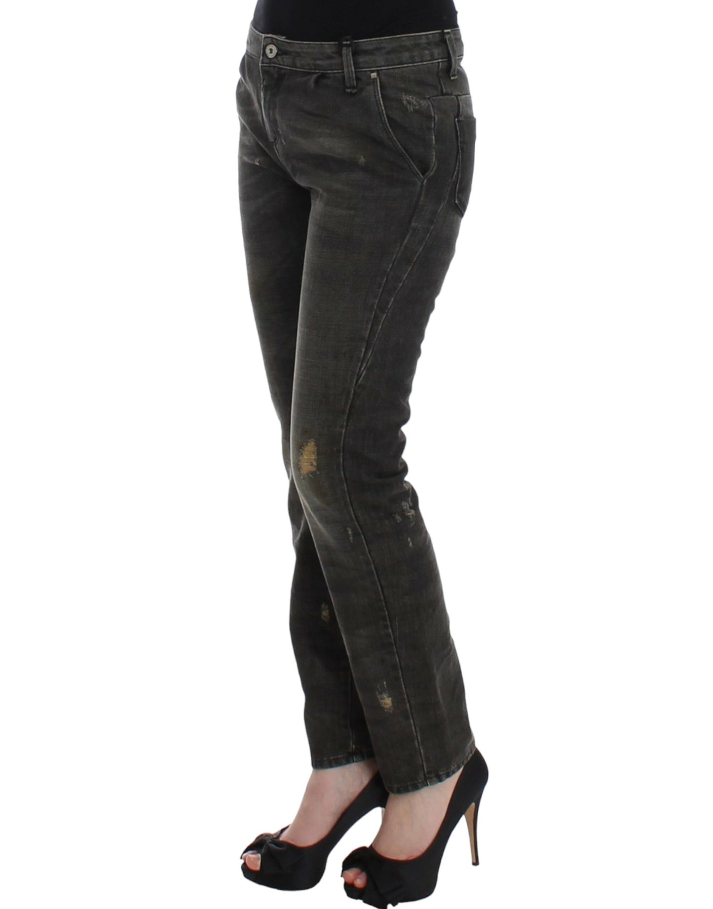 Sleek Grey Straight Leg Distressed Jeans