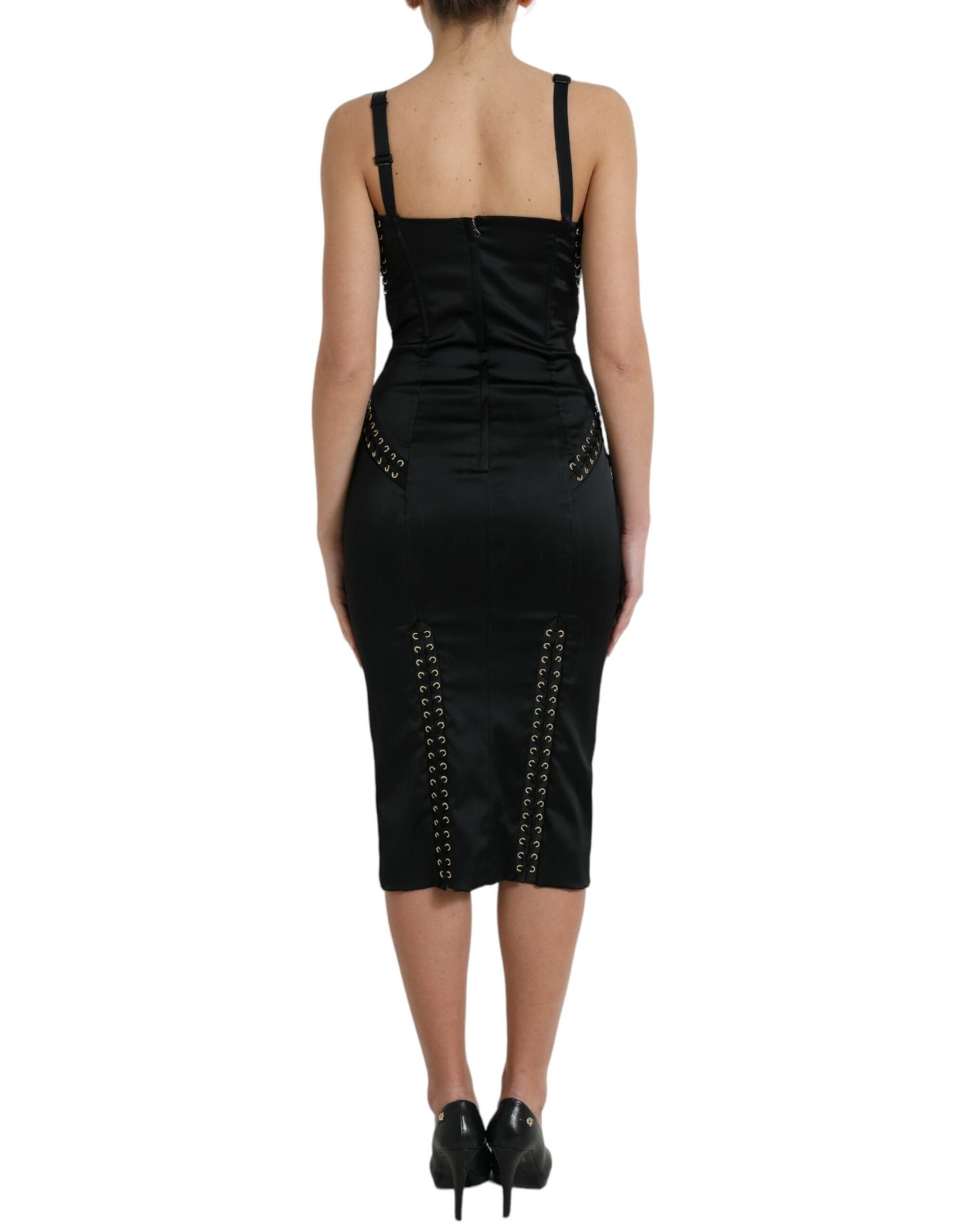 Κομψό Μαύρο Lace-Up Midi Bodycon φόρεμα