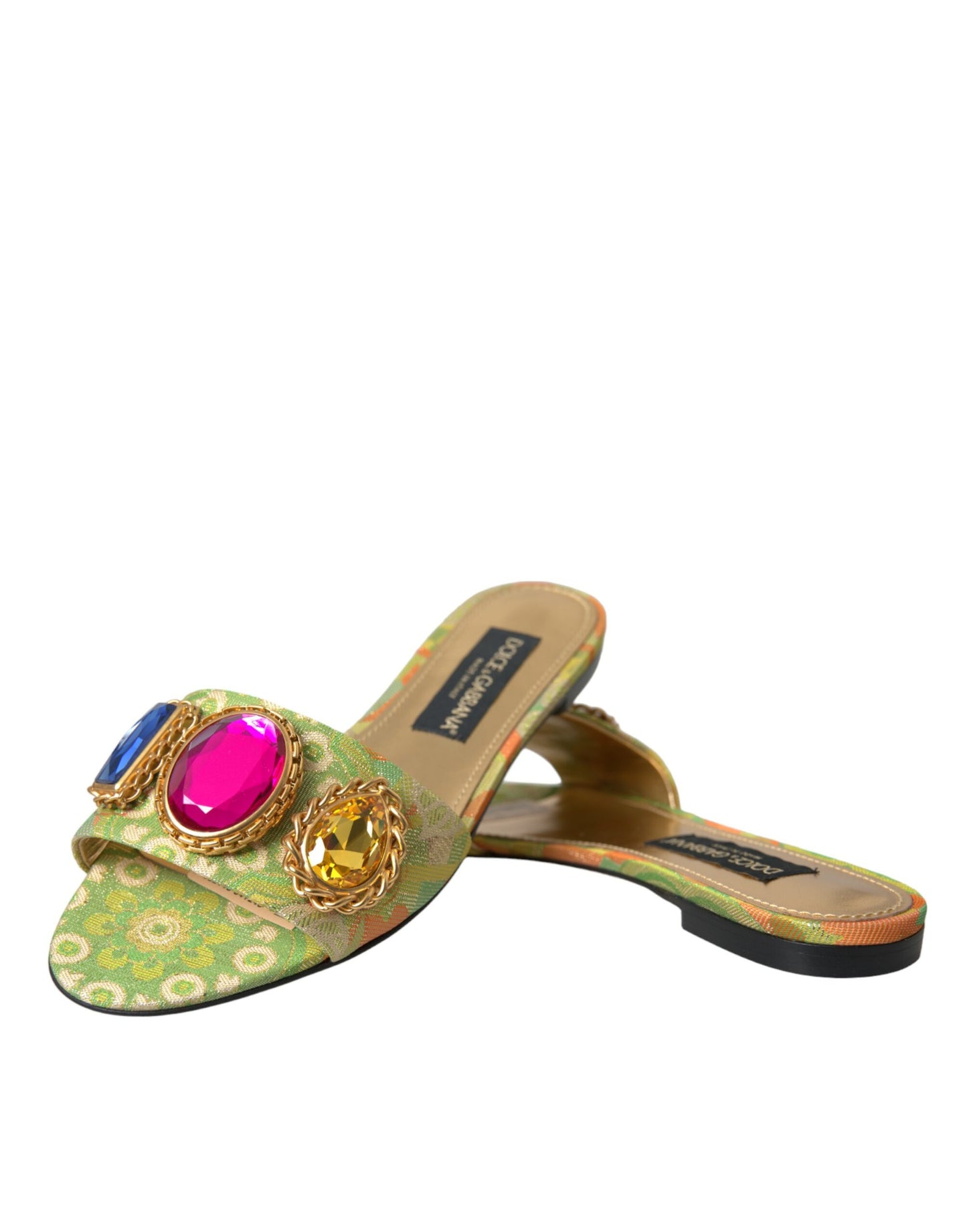 Green Crystal Jacquard Flats Sandals Shoes