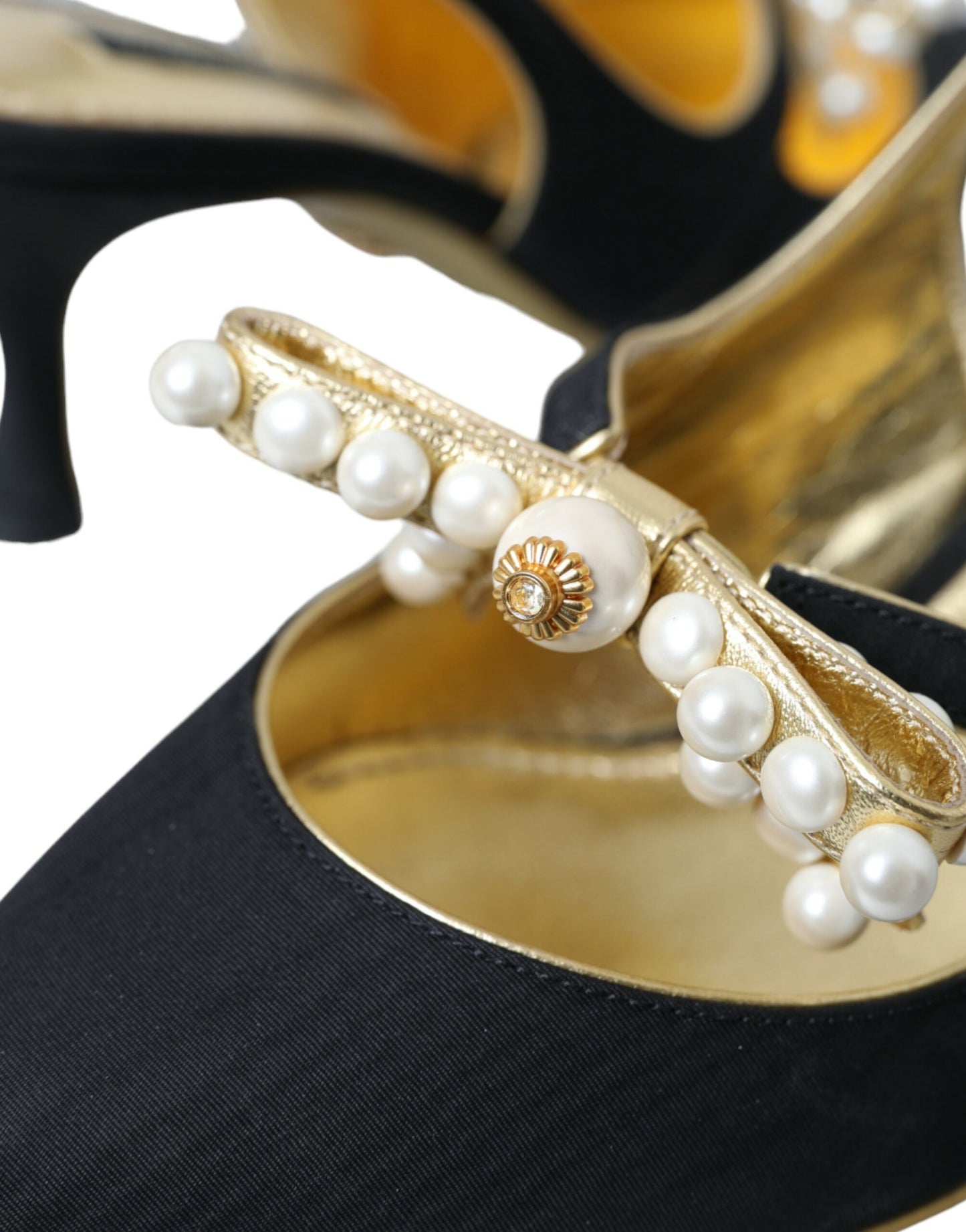 Μαύρα δερμάτινα Faux Pearls Slingbacks Παπούτσια