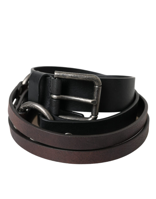 Black Brown Leather Silver Metal Buckle Belt