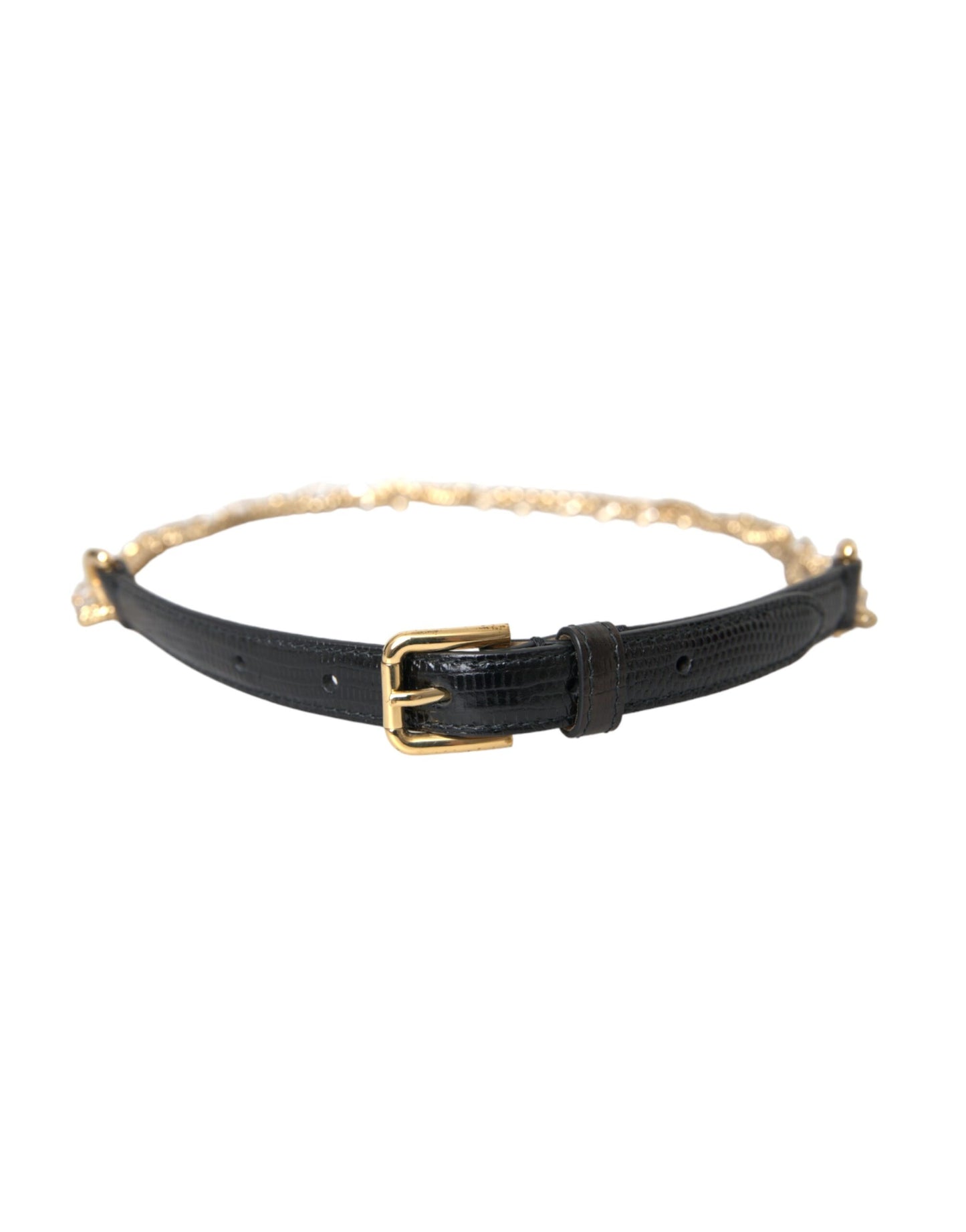 Black Leather Gold Chain Crystal Waist Women Belt