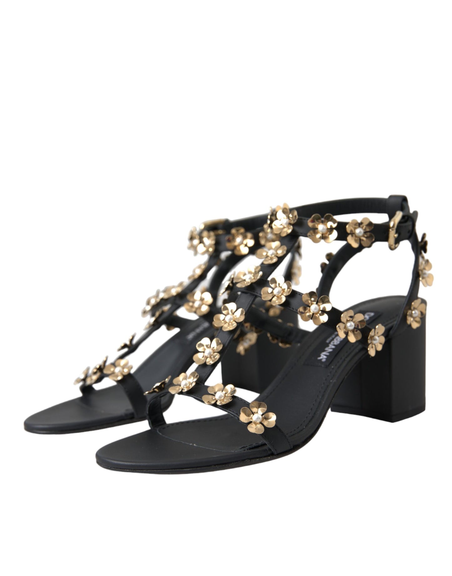 Black Leather Embellished Heel Sandal Shoes