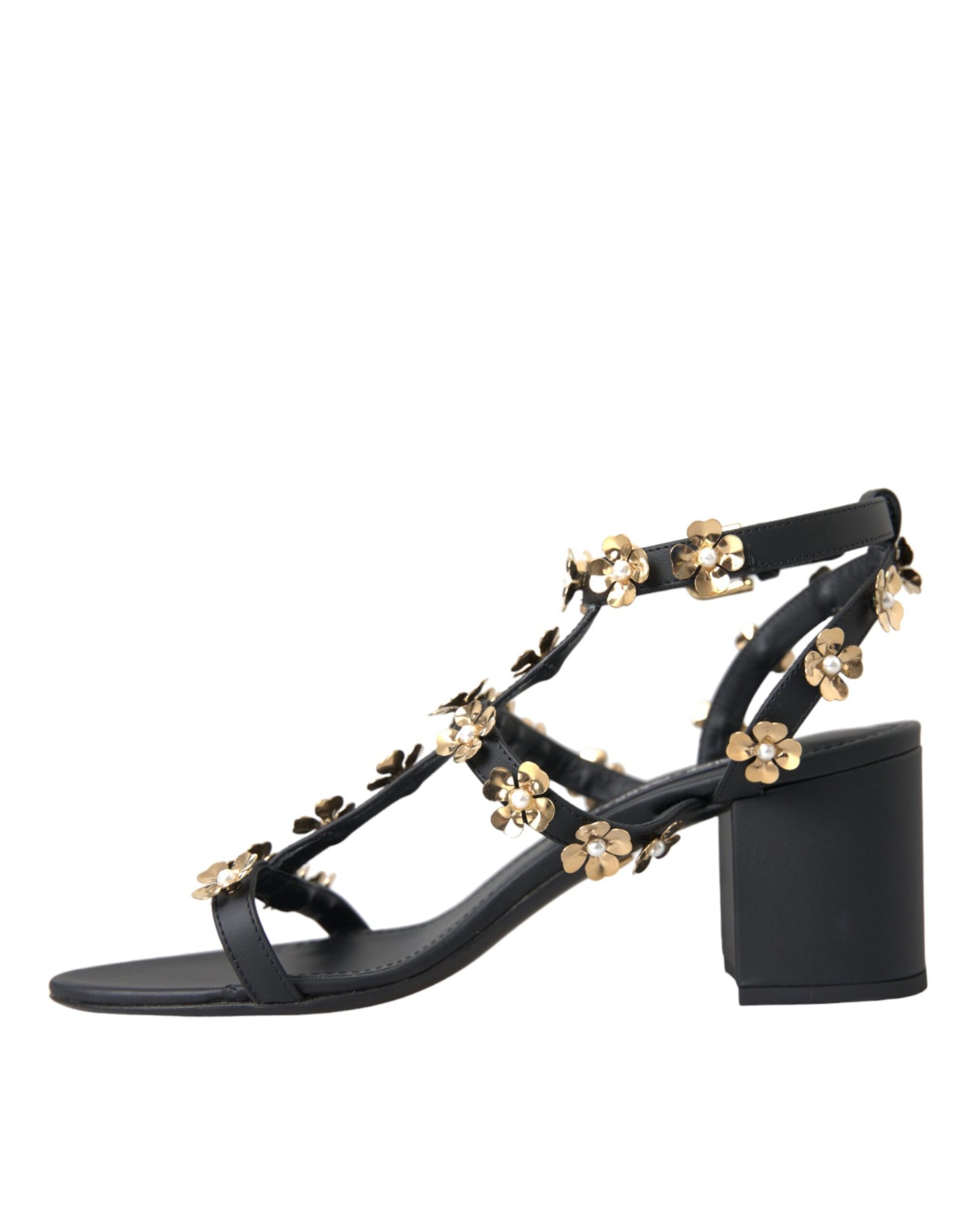 Black Leather Embellished Heel Sandal Shoes