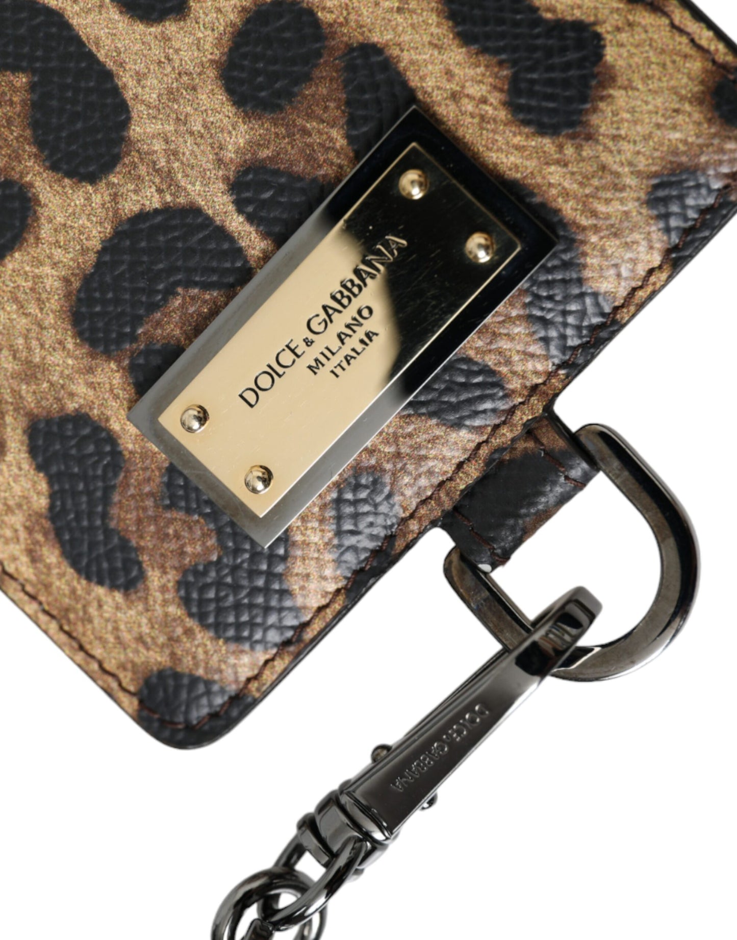 Brown Leather Leopard Print Logo Plaque Cardholder Wallet