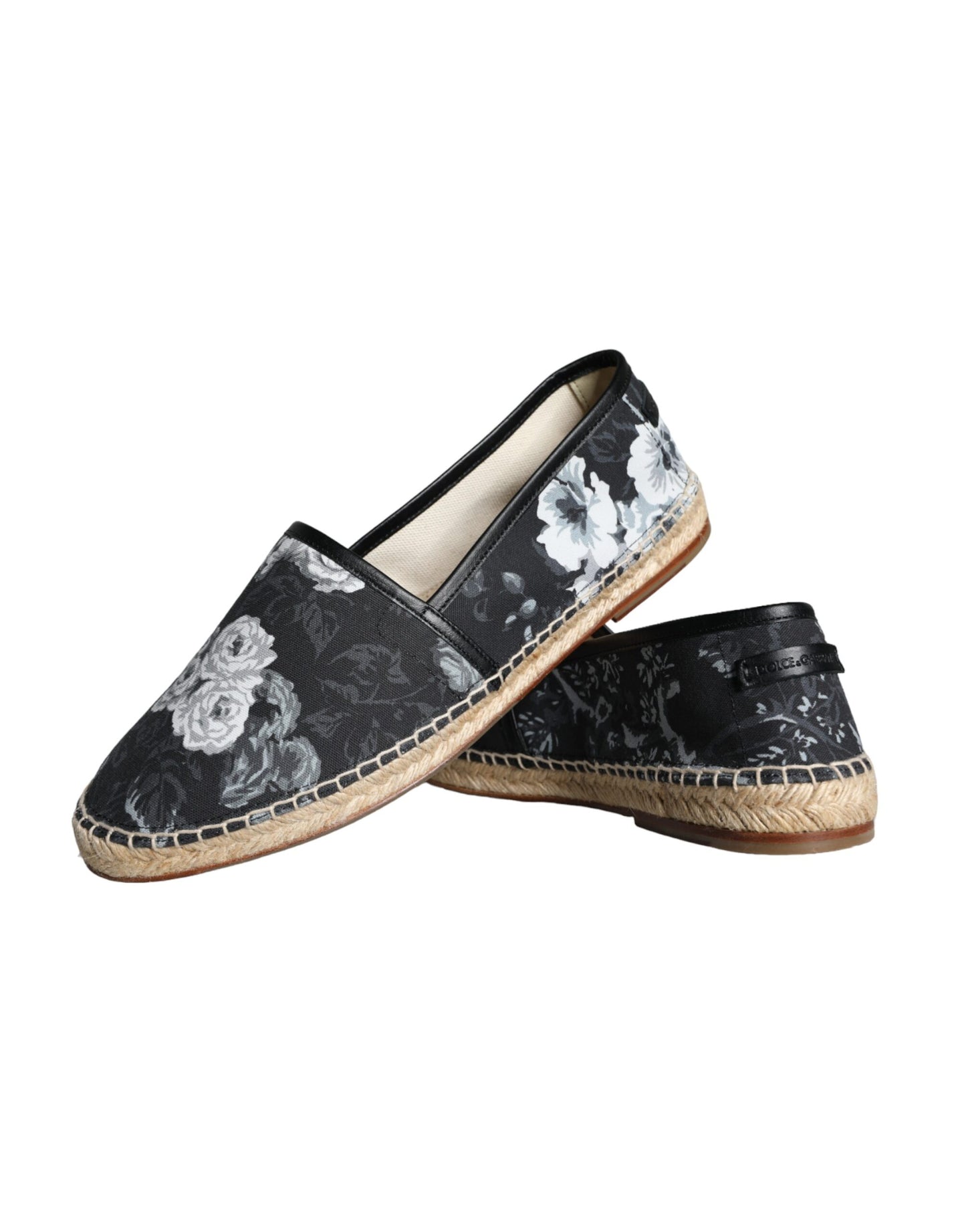 Black Floral Cotton Leather Espadrilles Shoes