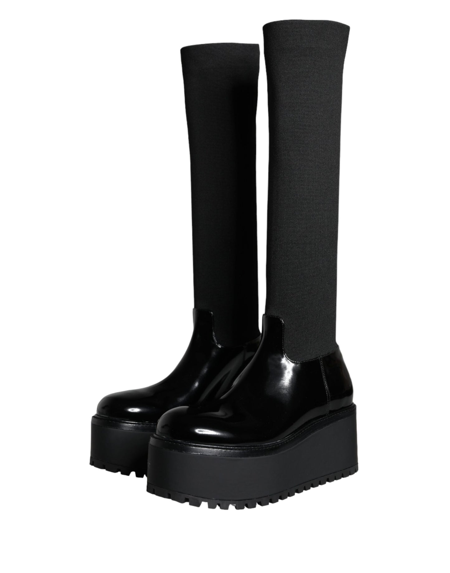 Black Leather Jersey Knee High Boots Shoes