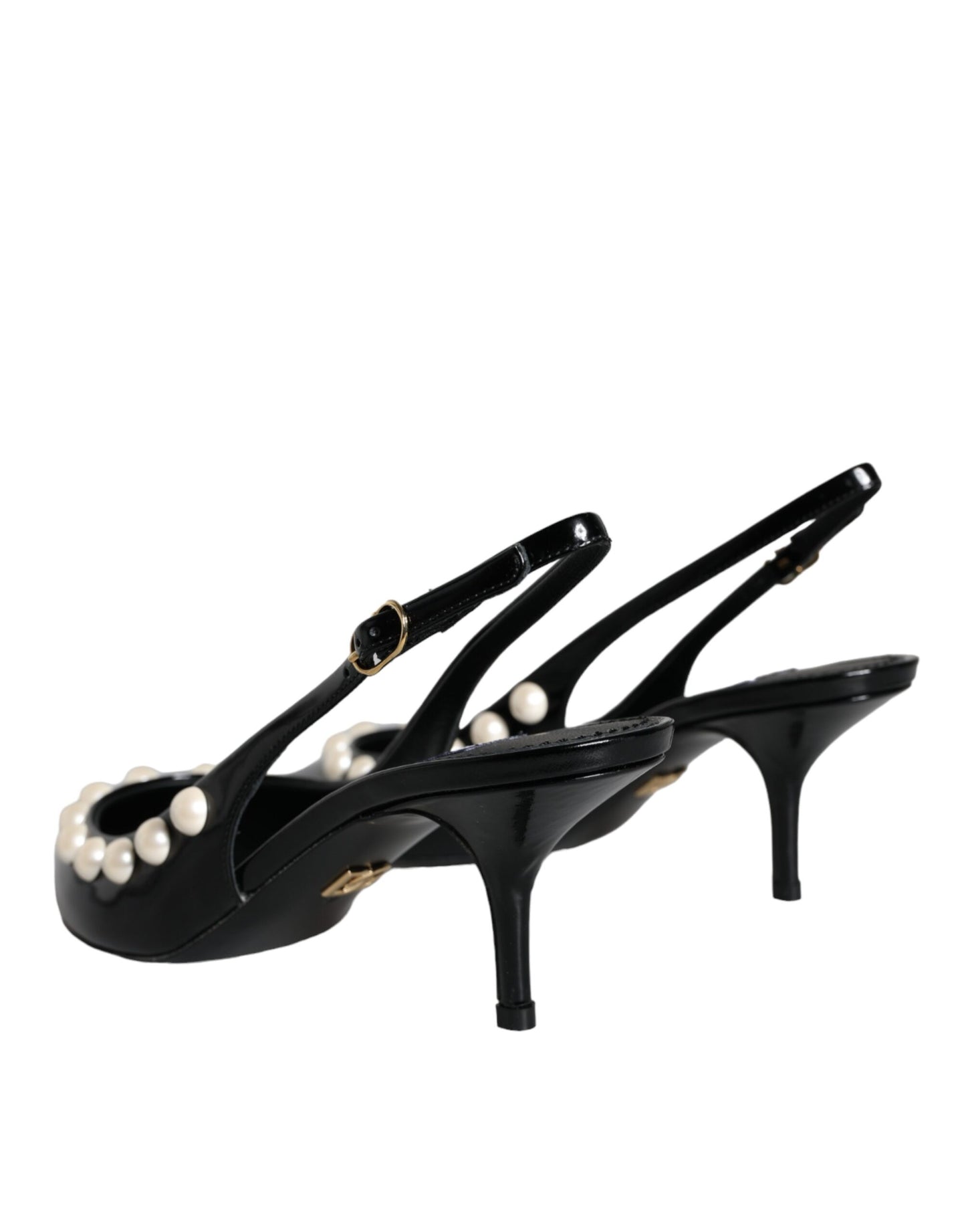 Black Leather Faux Pearl Heel Slingback Shoes