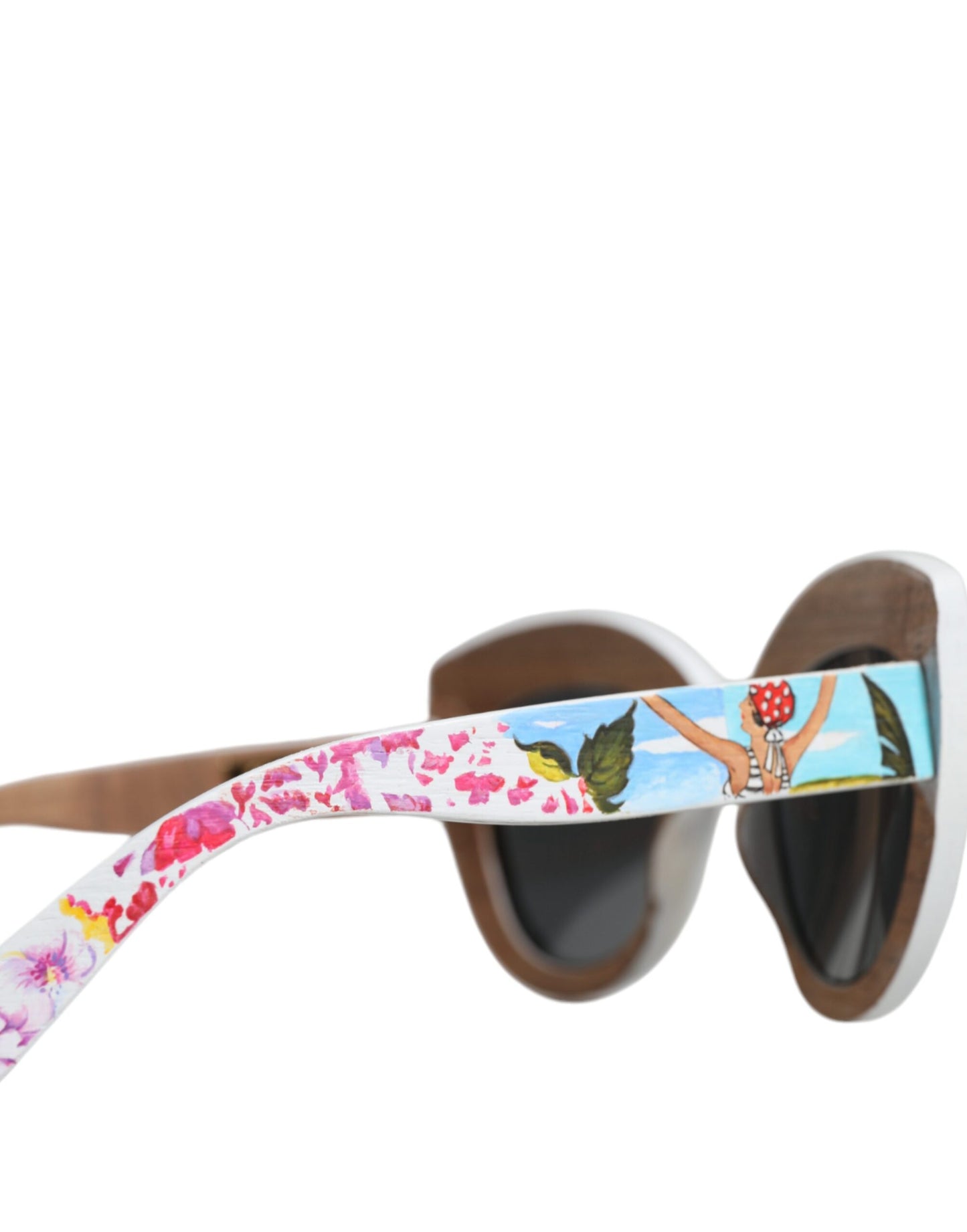 Multicolor Wood Crystal Brass Frame Floral Hand Paint Sunglasses