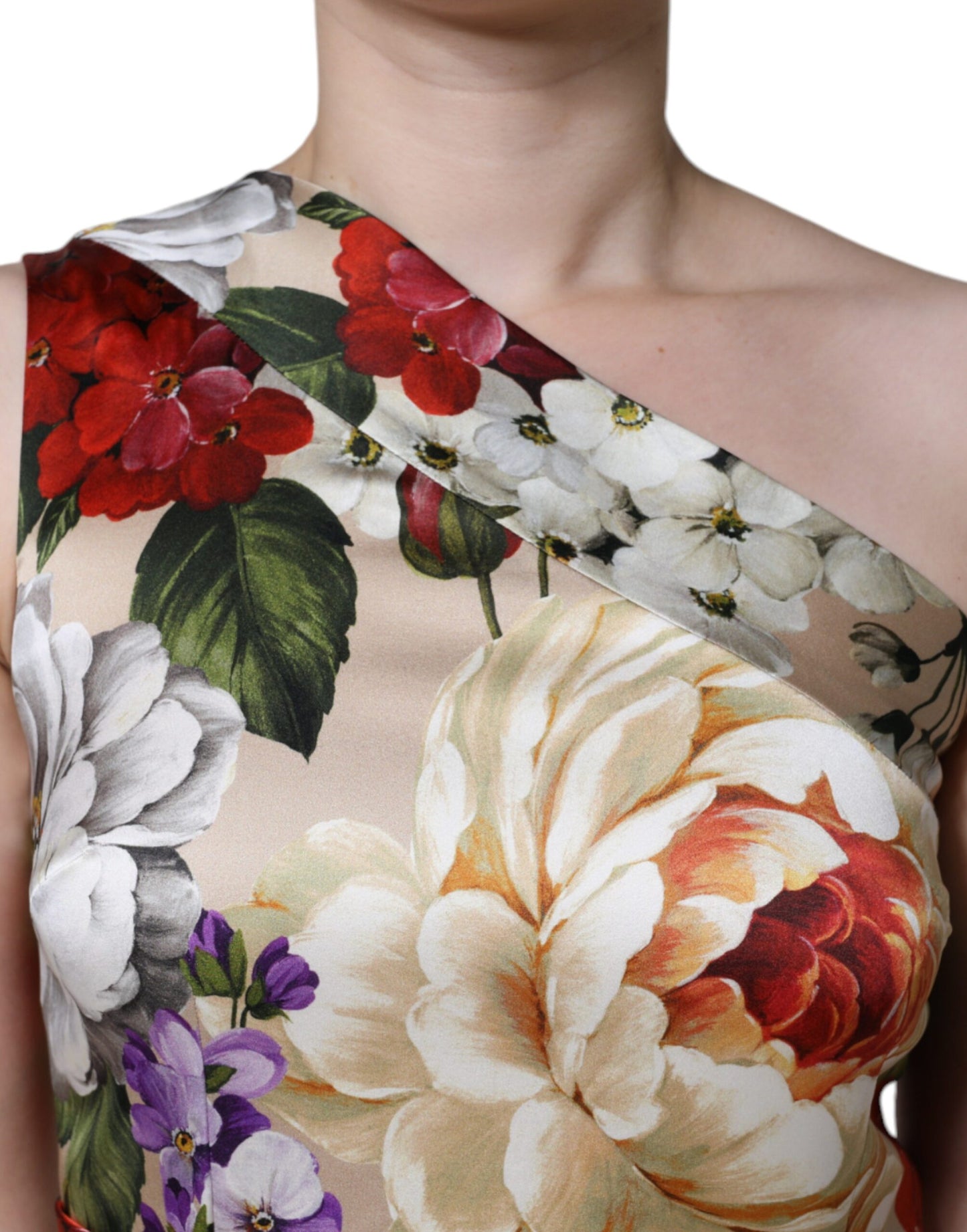 Multicolor Floral Silk Stretch One Shoulder Dress