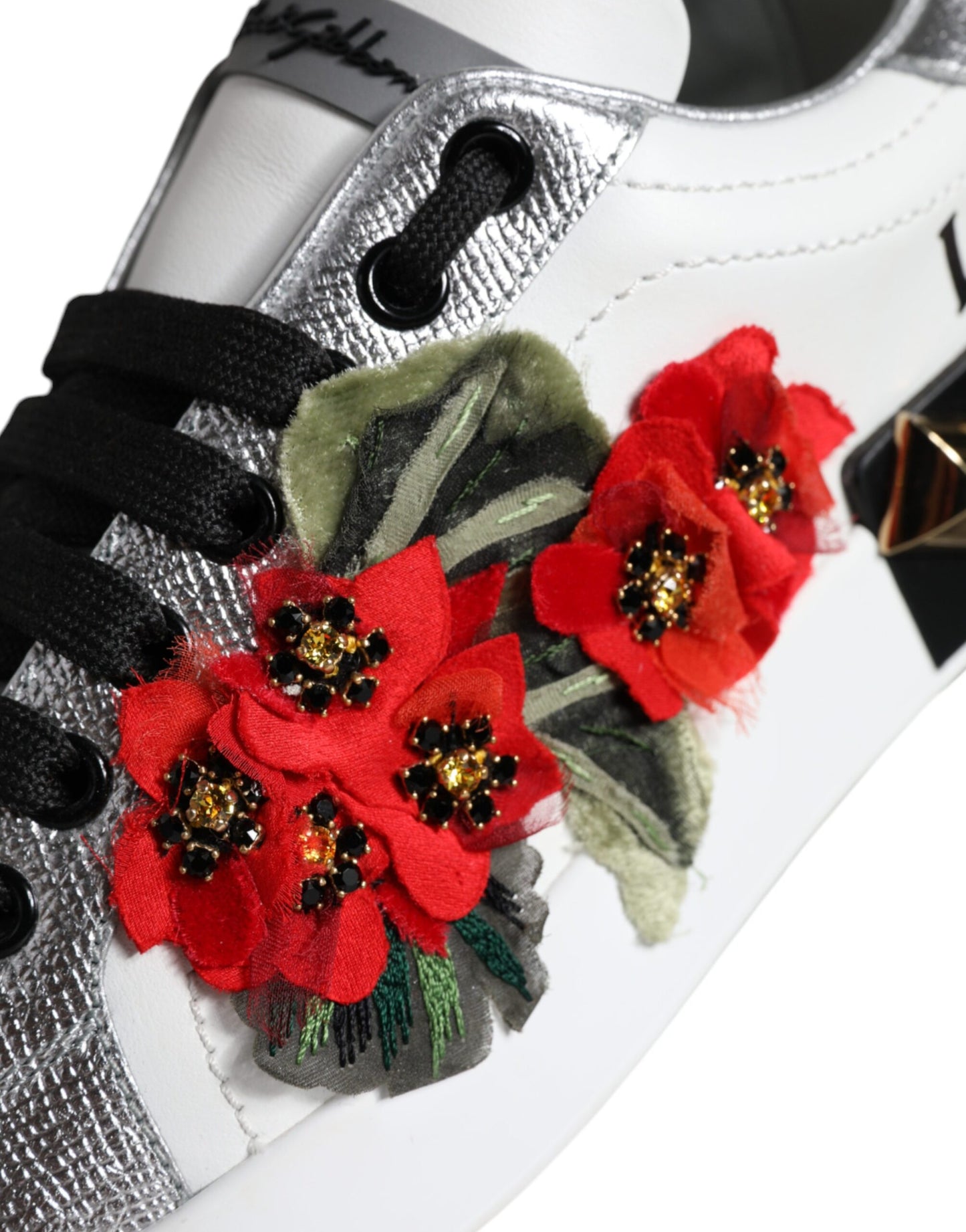 White Leather Floral Studded Sneakers Shoes