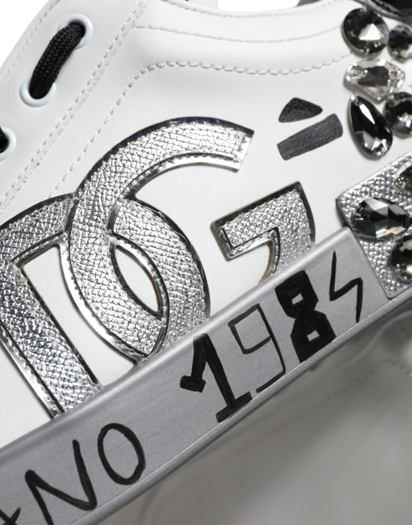 White Silver Crystal Logo Portofino Sneakers Shoes