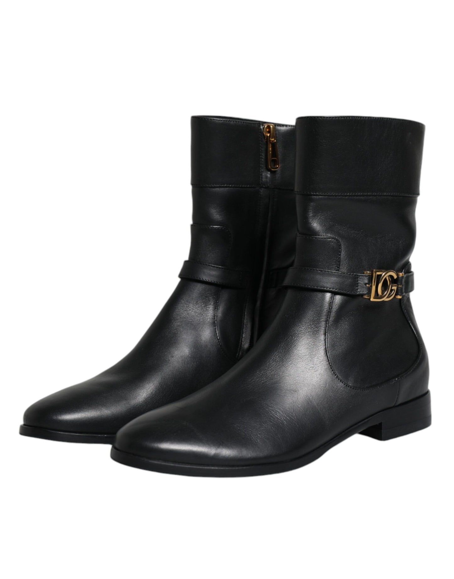 Black Leather Logo Mid Calf Boots Shoes