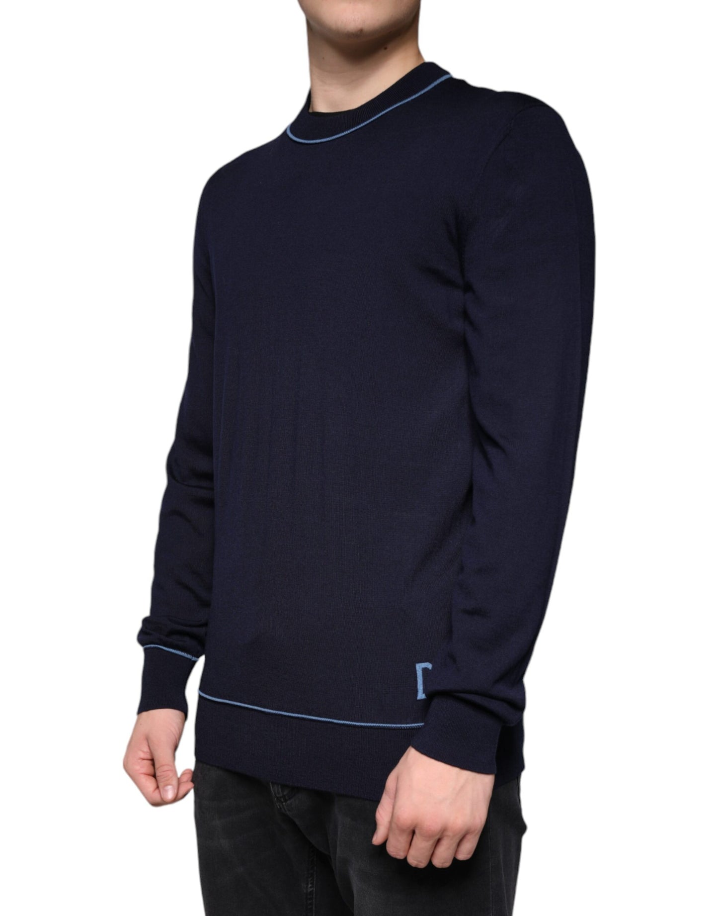 Dark Blue Wool Crew Neck Men Pullover Sweater