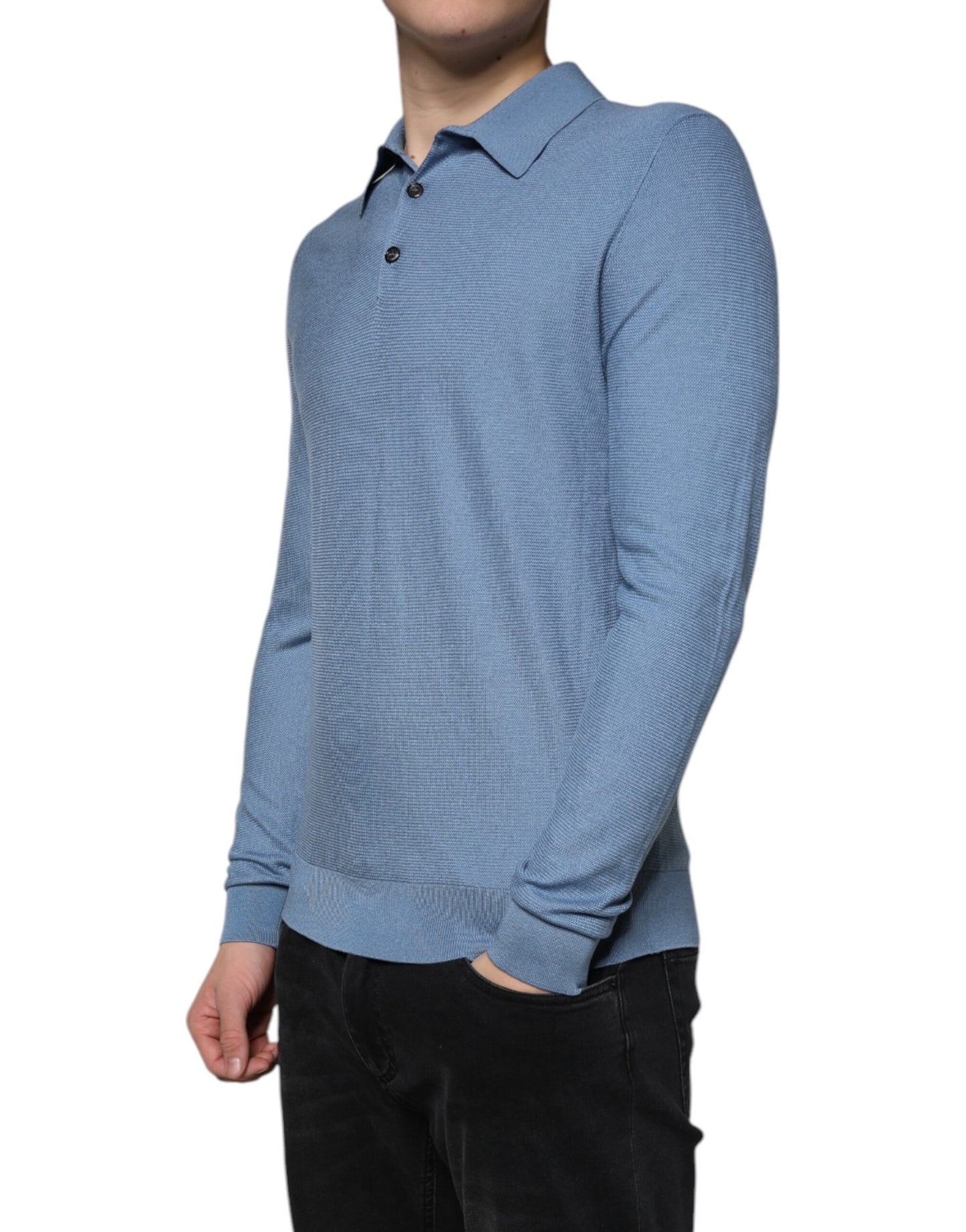 Sky Blue Silk Collared Men Pullover Sweater